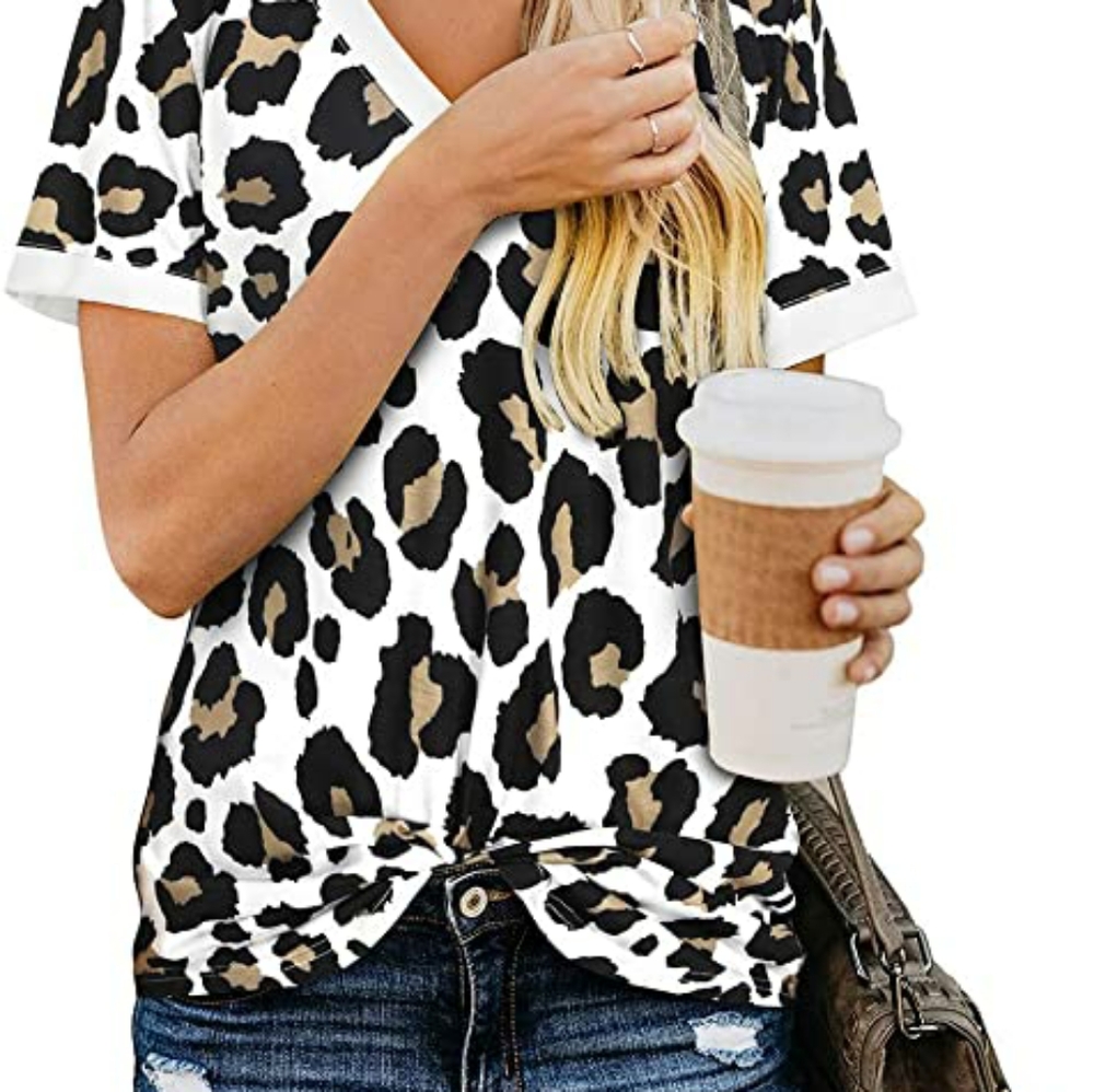 OUGES Women's Basic V Neck Short Sleeve Print T Sh